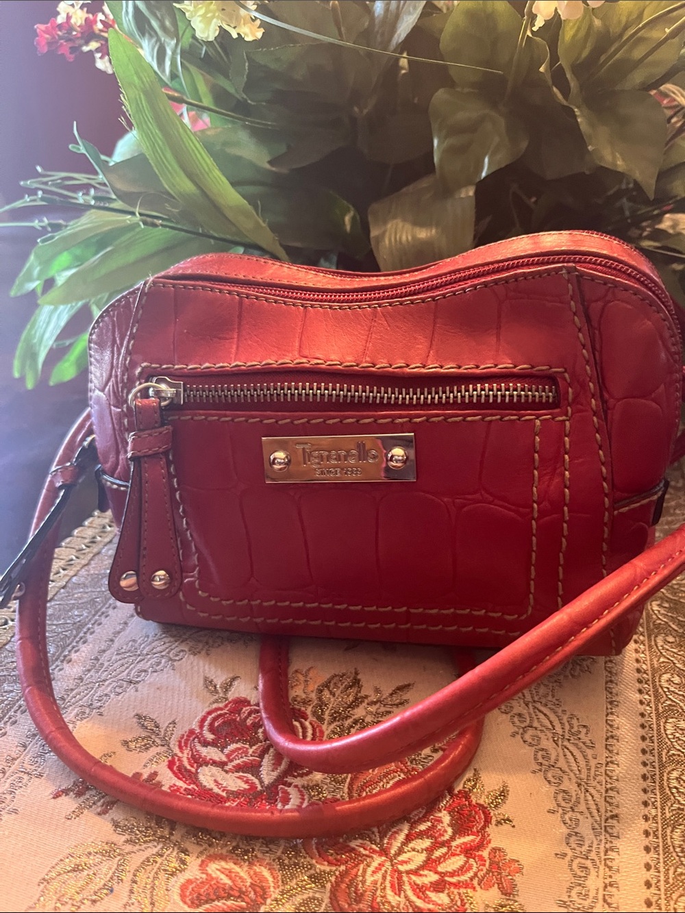 Tignanello Red Croc-Embossed Crossbody Shoulder Bag